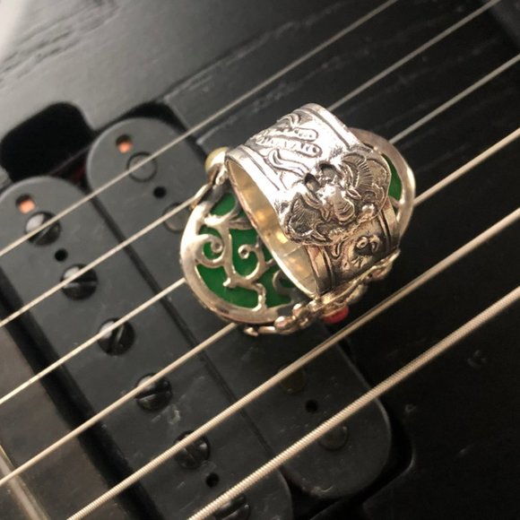 925 Sterling silver inlay Middle Eastern Amber Ring ｜Color :Green ｜ Open… - Picture 6 of 11